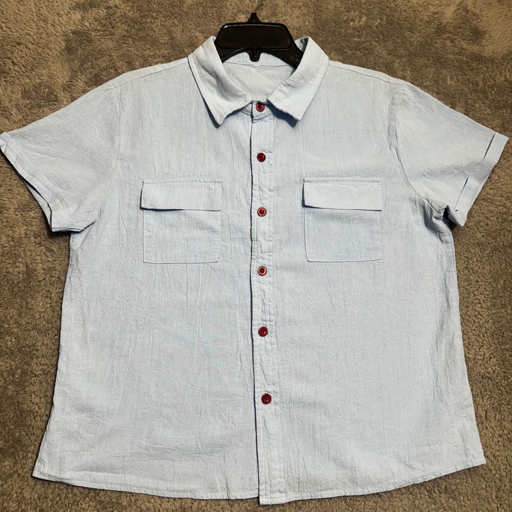 Unbranded Short Sleeve Button‎ Up Shirt Womens L Light Blue Cotton Gauze Utility